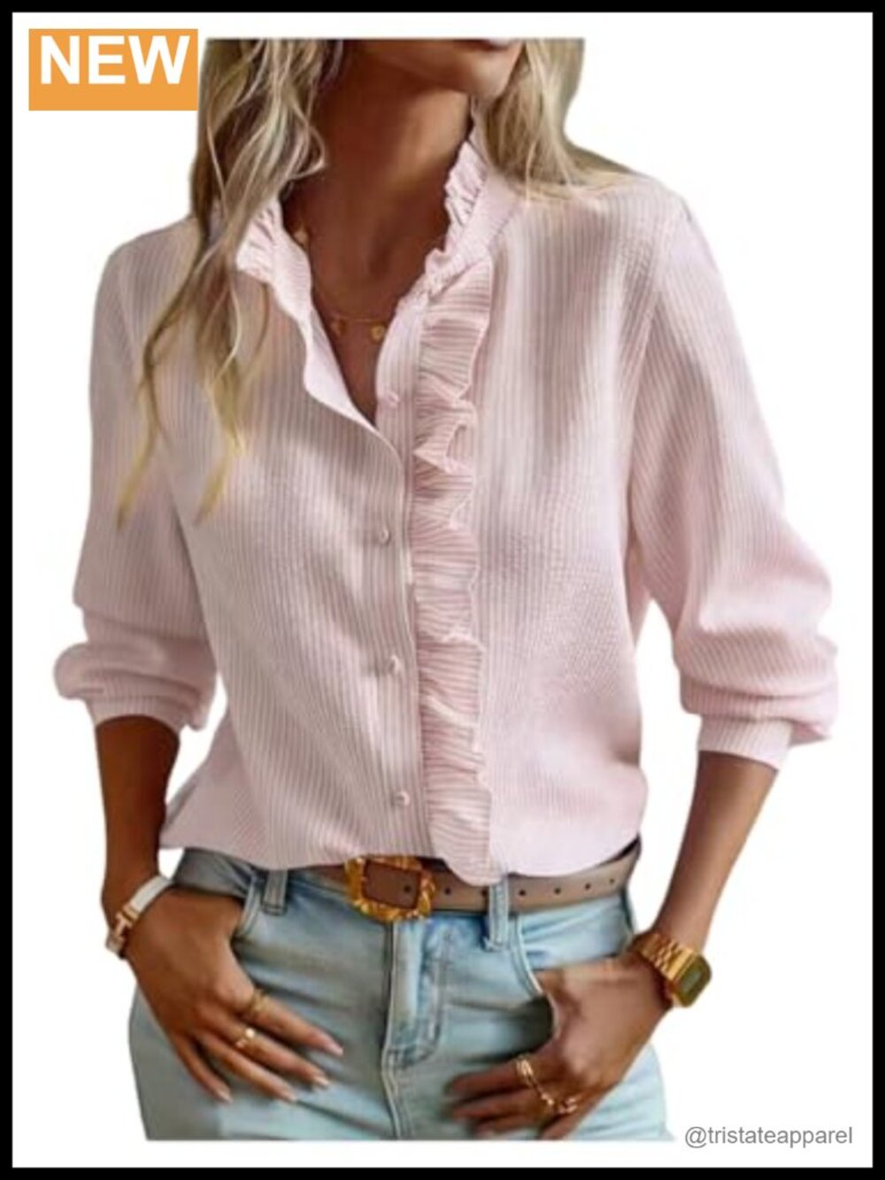 Striped Button Down Long Sleeve Blouse with Ruffle Trim - Elegant Dressy Casual